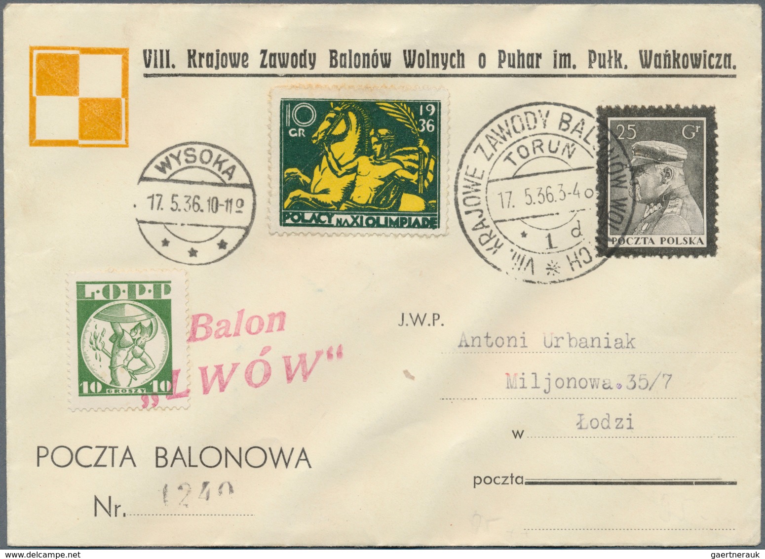 12816 Ballonpost: 1936, 17.5., Poland, Balloon "Lwów", Cover With Balloon Vignette And 1936 Olympic Games - Fesselballons