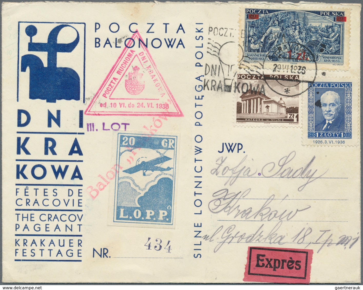 12817 Ballonpost: 1936, 29.VI., Poland, balloon "Kraków", 1st-3rd flight, four covers/card showing all cac