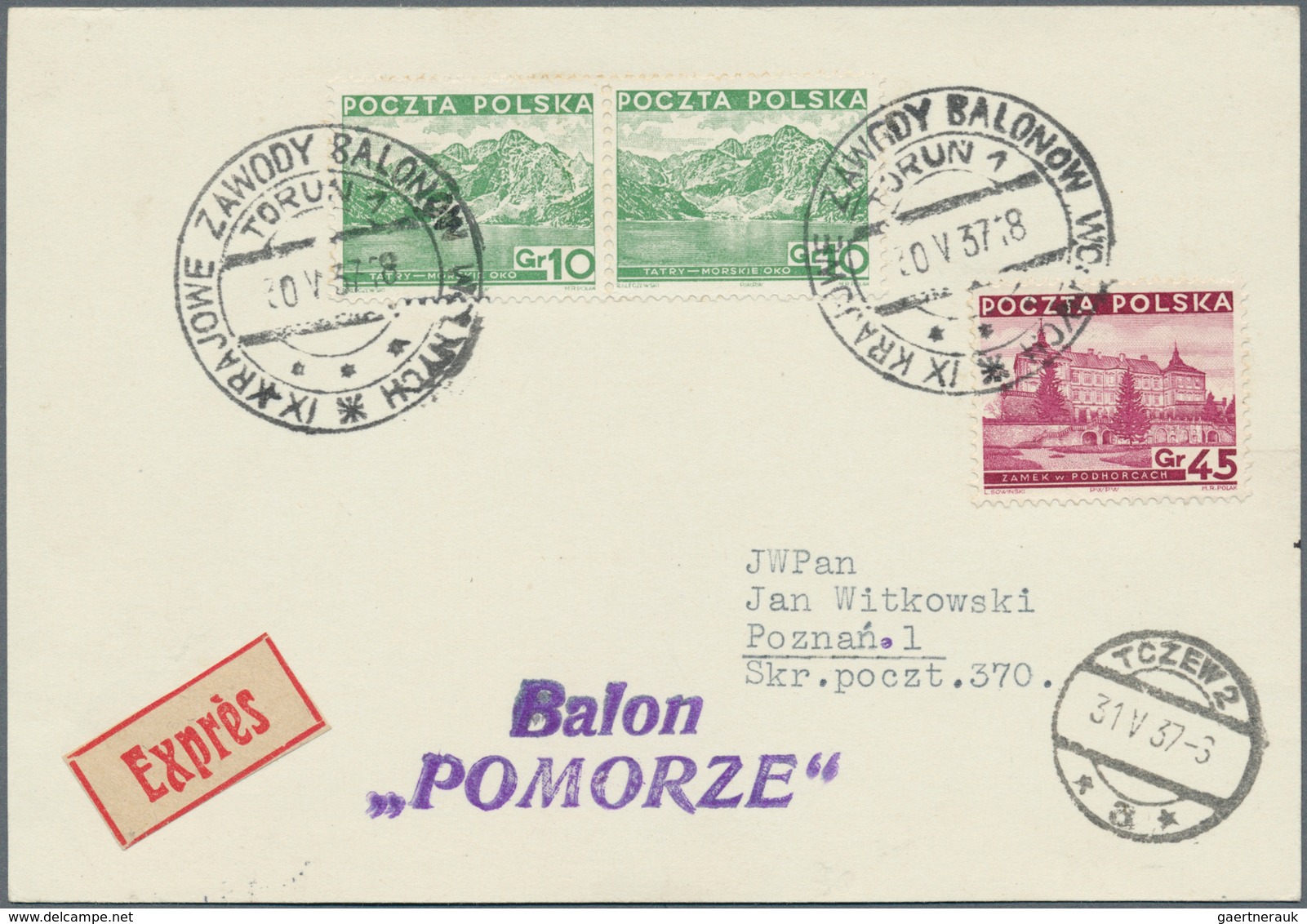 12818 Ballonpost: 1937, 30.V., Poland, Balloon "Pomorze", Card With Black Postmark And Arrival Mark, Only - Montgolfières