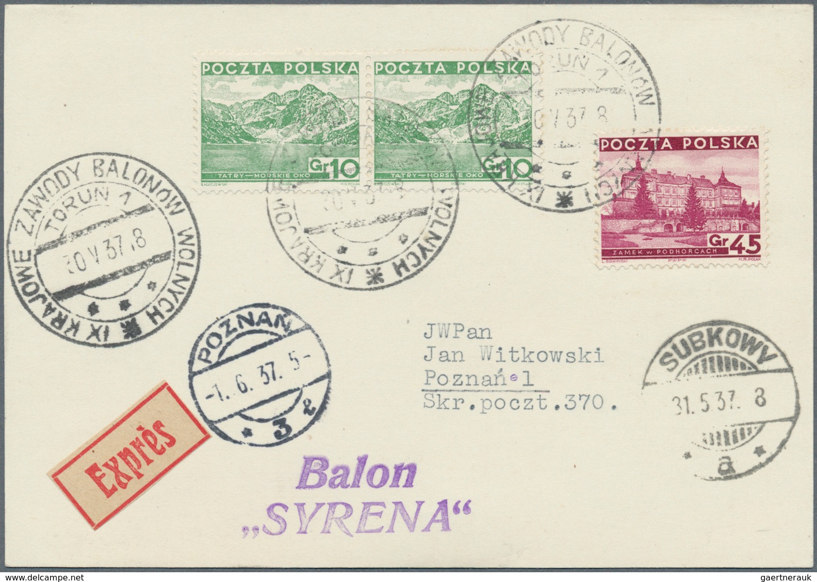 12821 Ballonpost: 1937, 30.V., Poland, Balloon "Syrena", Card With Black Postmark And Arrival Mark, Only 7 - Montgolfières