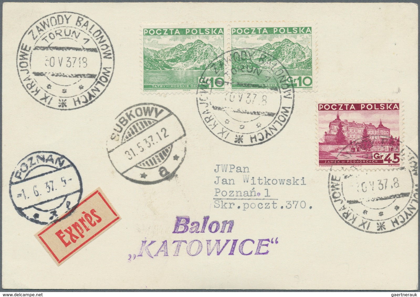 12822 Ballonpost: 1937, 30.V., Poland, Balloon "Katowice", Card With Black Postmark And Arrival Mark, Only - Montgolfières