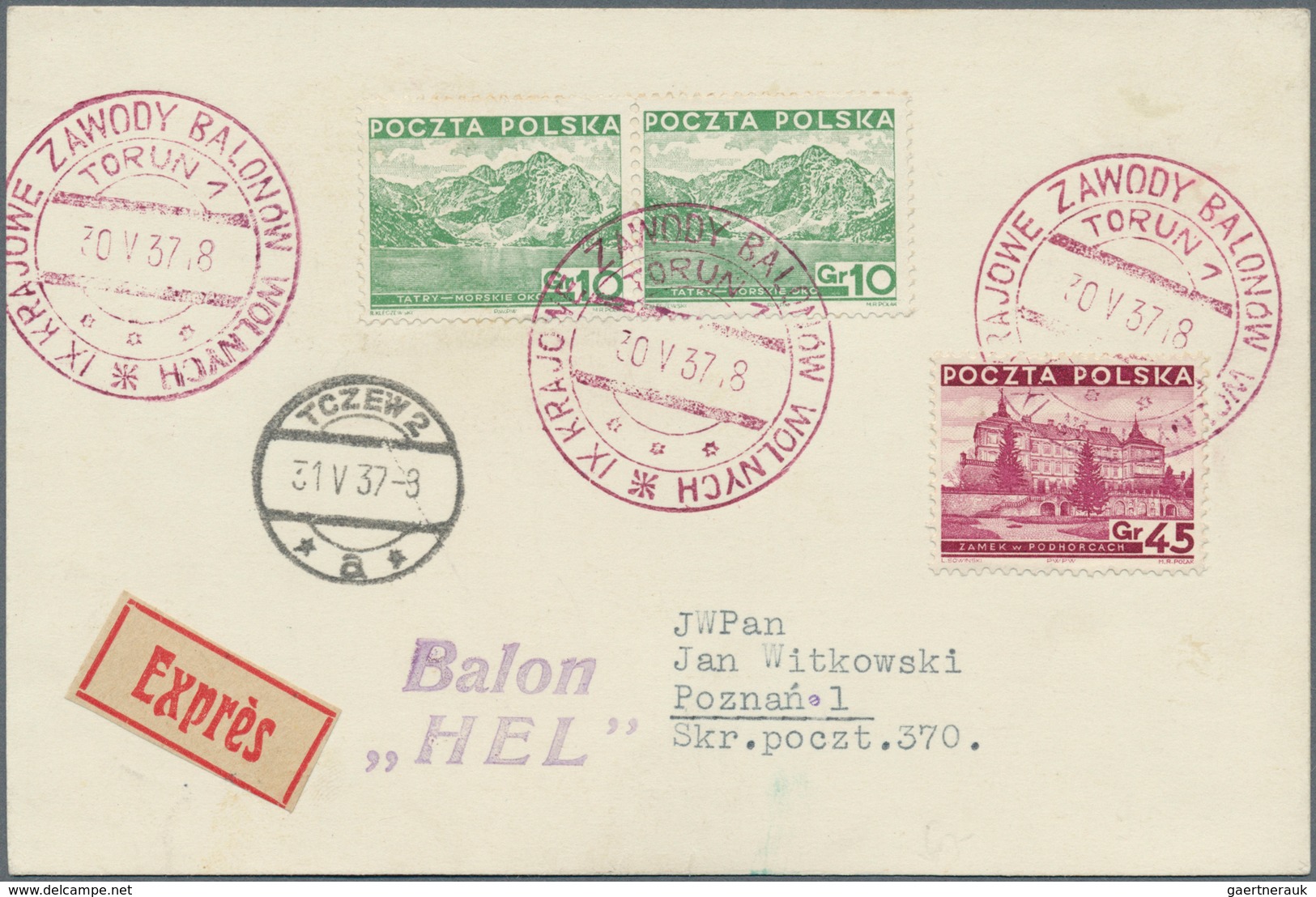 12823 Ballonpost: 1937, 30.V., Poland, Balloon "Hel", Card With VIOLET Postmark And Arrival Mark, Only 16 - Montgolfières