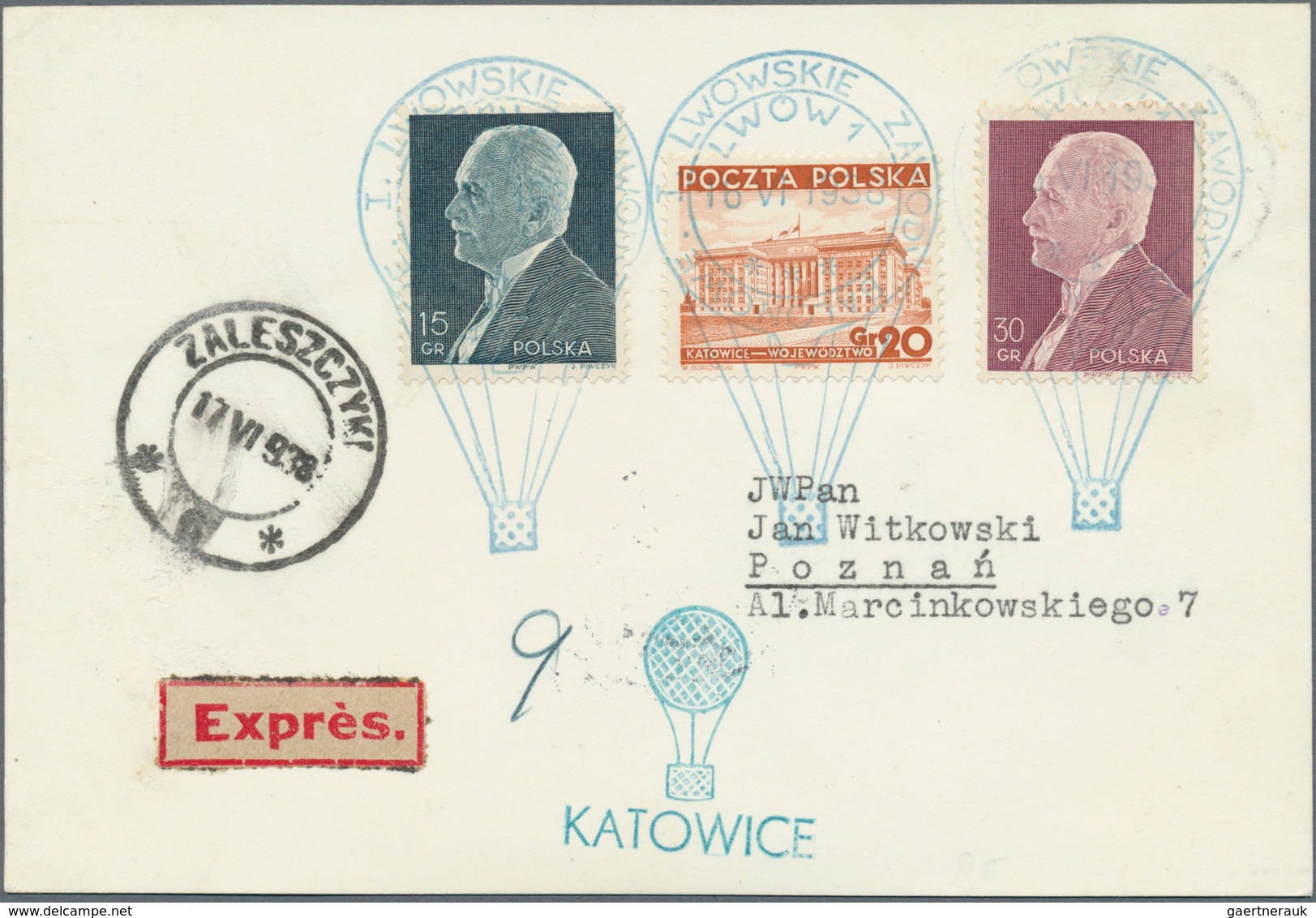 12826 Ballonpost: 1938, 16.VI., Poland, Complete Set Of Six Balloon Cards/cover: Balloons "Sanok", "Mo?cic - Montgolfières