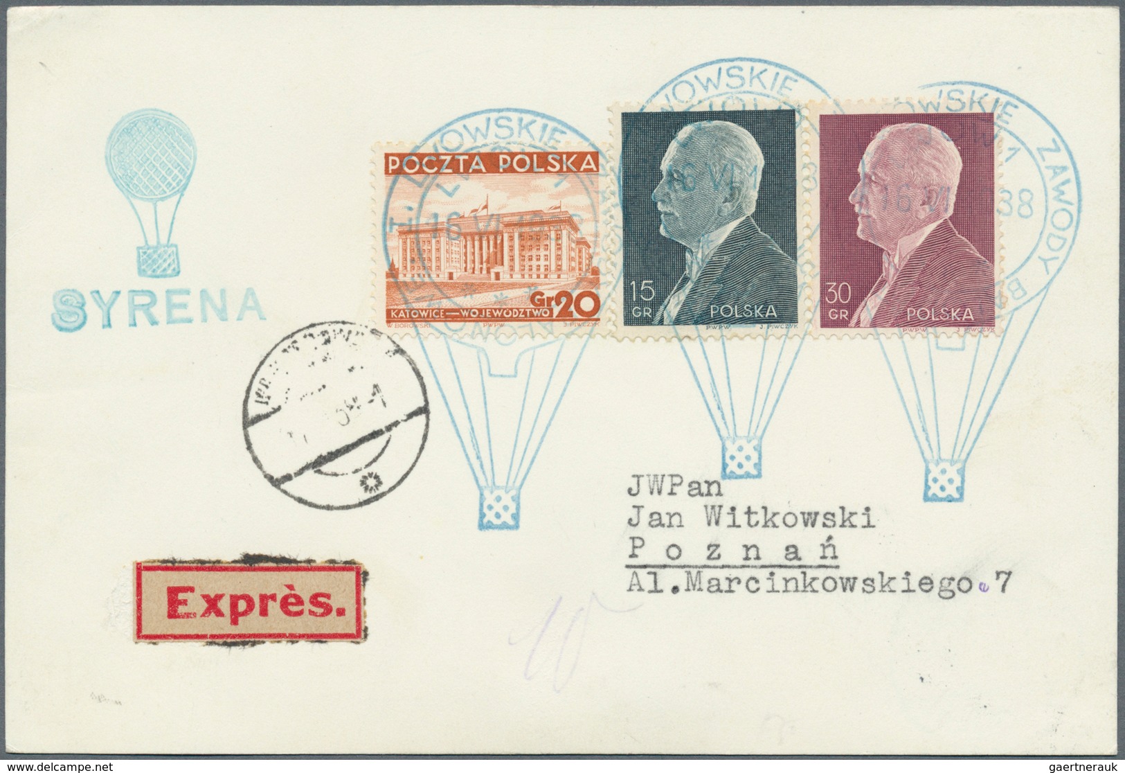 12826 Ballonpost: 1938, 16.VI., Poland, complete set of six balloon cards/cover: balloons "Sanok", "Mo?cic