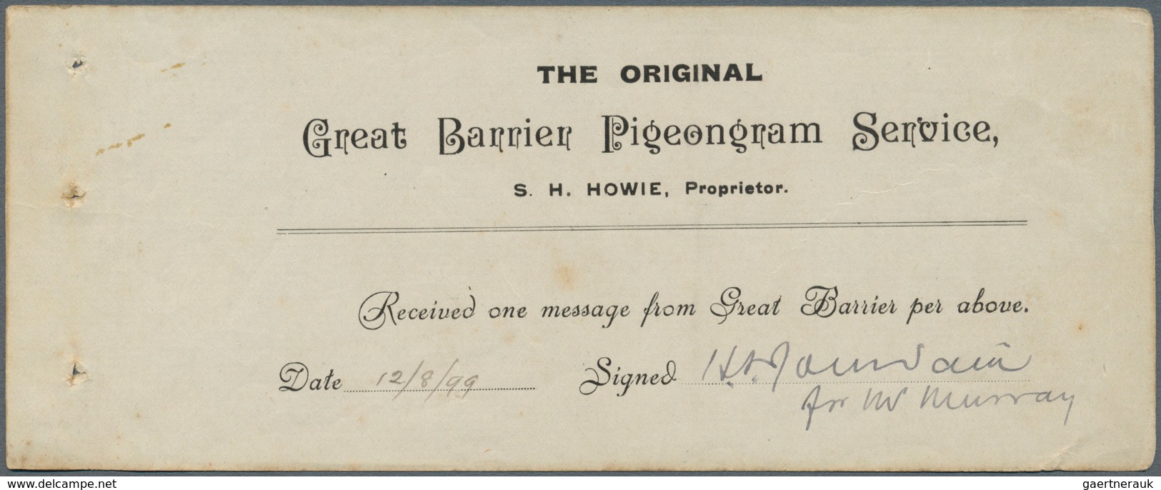 12829 Brieftaubenpost: 1899, New Zealand Great Barrier Pigeongram Service, Complete Receipt Dated 18/8/99 - Pigeons & Columbiformes