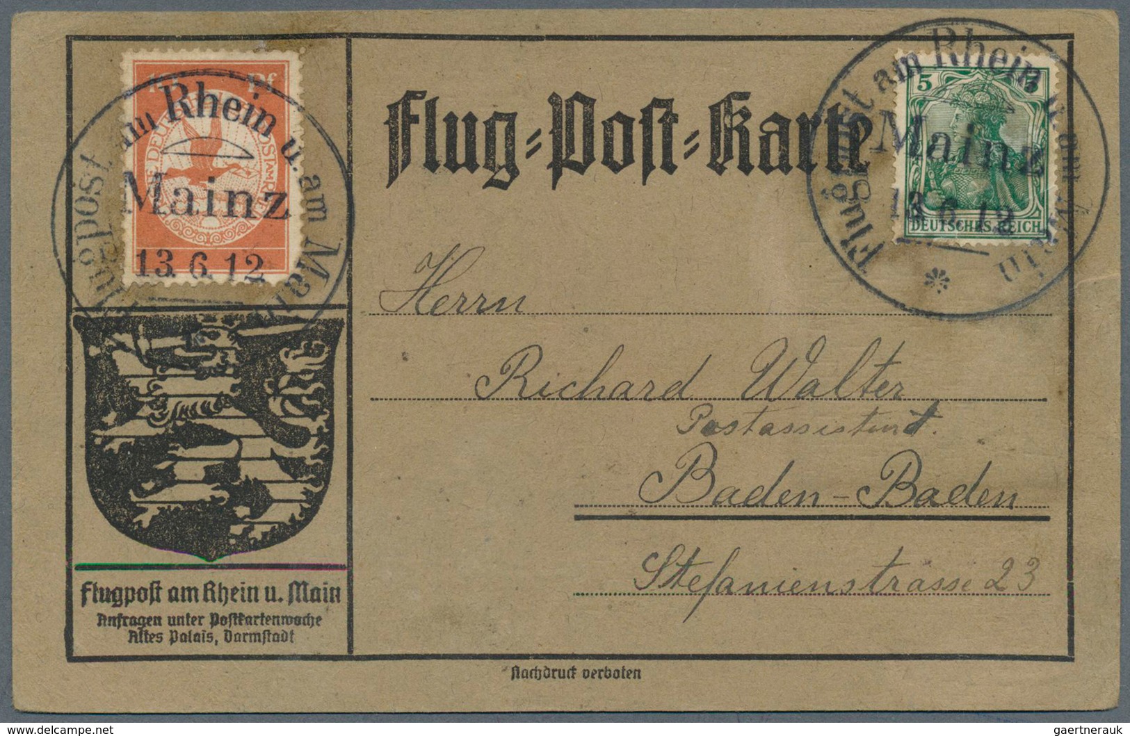 12830 Flugpost Deutschland: 1912, Flugpost Rhein/Main, 10 Pf Luftpostmarke U. 5 Pf Germania Auf Offizielle - Luft- Und Zeppelinpost