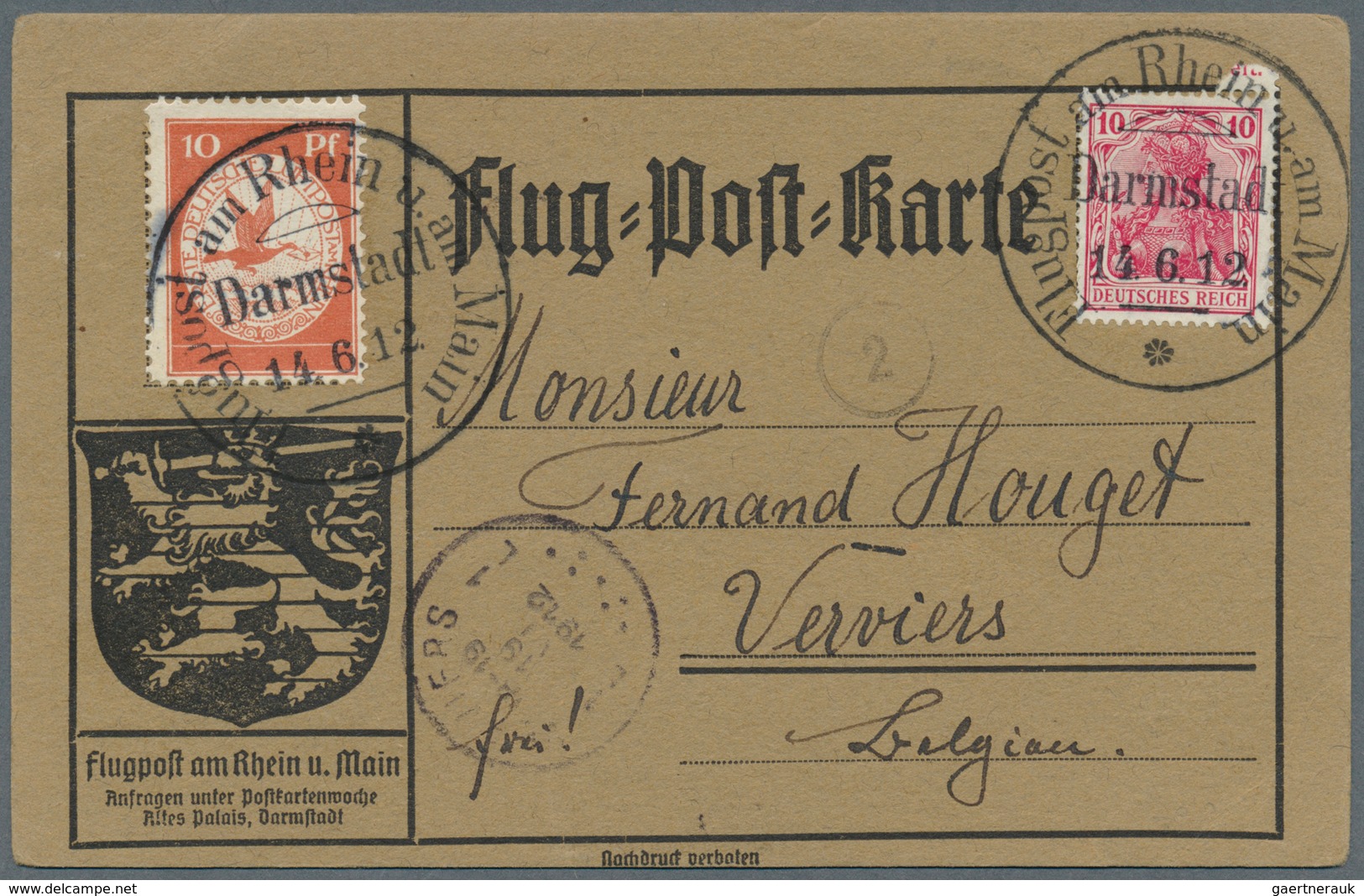 12831 Flugpost Deutschland: 1912, Flugpost RHEIN-MAIN SST 14.6.12 DARMSTADT Auf Graubrauner Flugpostkarte - Poste Aérienne & Zeppelin