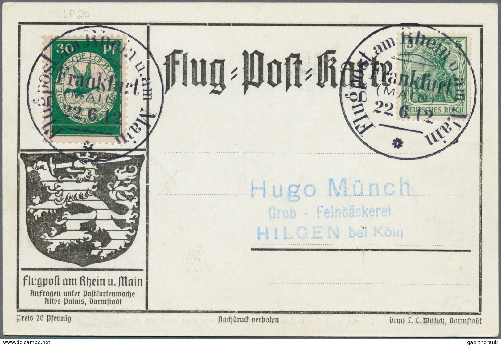 12833 Flugpost Deutschland: 1912: Flugpost Rhein-Main/Frankfurt 22.6 (SST) Auf Für Frankfurt äußerst Selte - Luft- Und Zeppelinpost