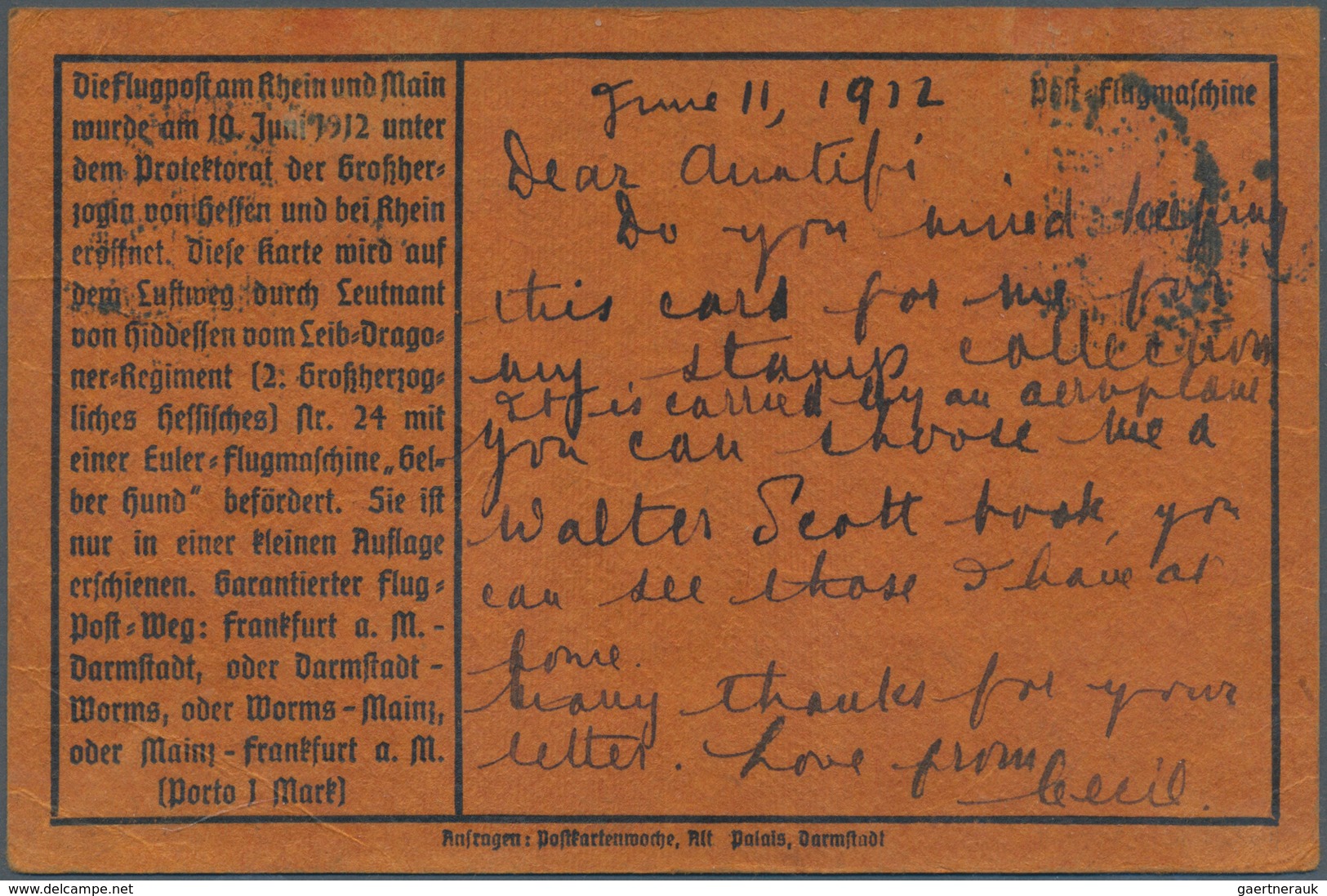 12836 Flugpost Deutschland: 1912, 1 M. Gelber Hund Auf Entsprechender Flugpostkarte Mit Text, 10 Pfg. Germ - Luft- Und Zeppelinpost