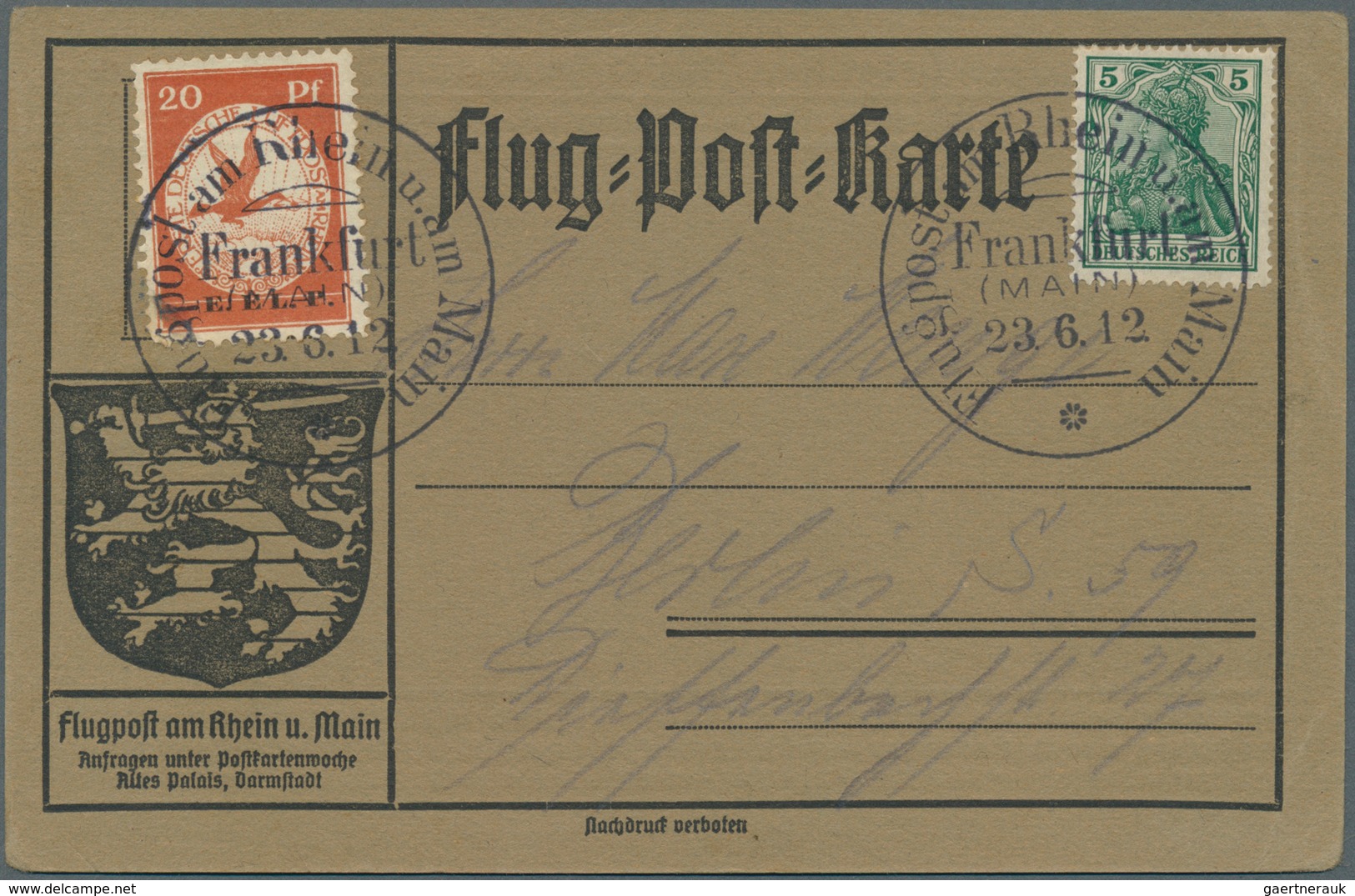 12840 Flugpost Deutschland: 1912: Flugpost Rhein Main / Frankfurt 23.6., Flugpost Sonderstempel A 20 Pfg E - Poste Aérienne & Zeppelin