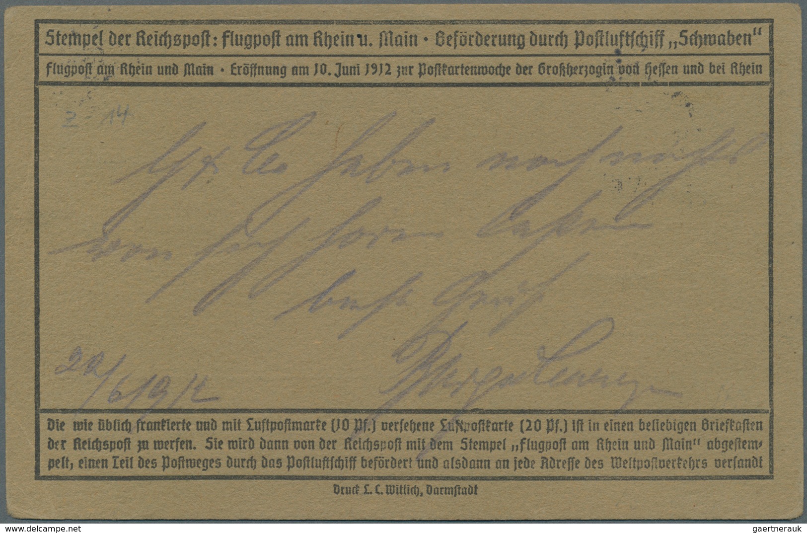 12840 Flugpost Deutschland: 1912: Flugpost Rhein Main / Frankfurt 23.6., Flugpost Sonderstempel A 20 Pfg E - Luft- Und Zeppelinpost