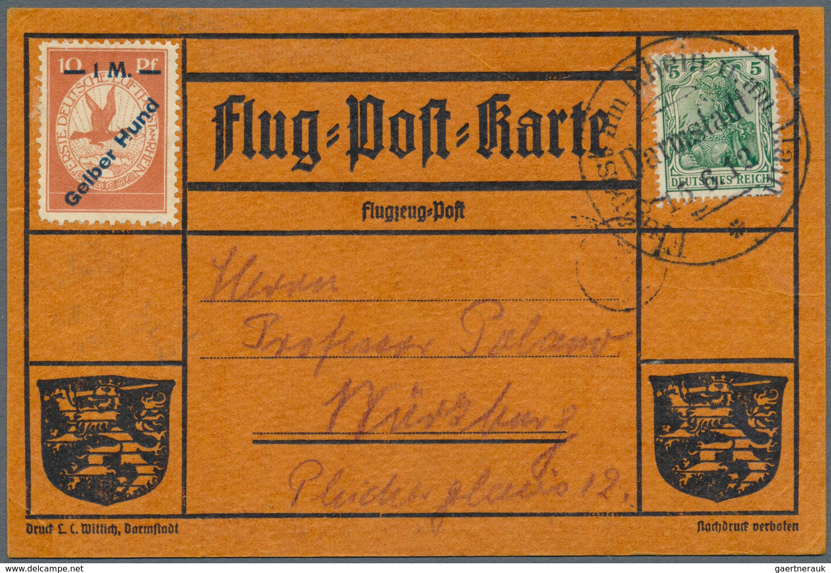 12841 Flugpost Deutschland: 1912, Flugpost Rhein Main. Gelber Hund (Mi. IV) Mit üblicher 5 Pf Germania Auf - Poste Aérienne & Zeppelin