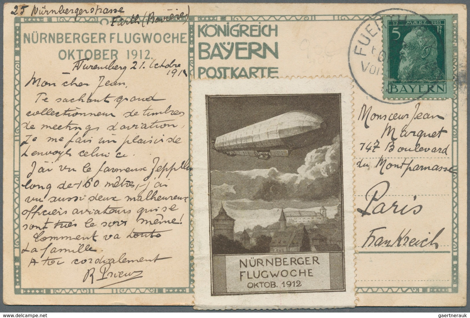 12842 Flugpost Deutschland: 1912, Dekorative Sonderkarte Zur "Nürnberger Flugwoche 1912" Vorder- Und Rücks - Luft- Und Zeppelinpost