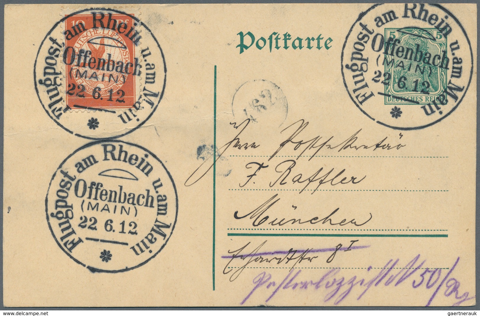 12843 Flugpost Deutschland: 1912, Flugpost Rhein Main. SST "Offenbach (Main) 22.6.12" Mit Mi. I Auf 5 Pf G - Luft- Und Zeppelinpost