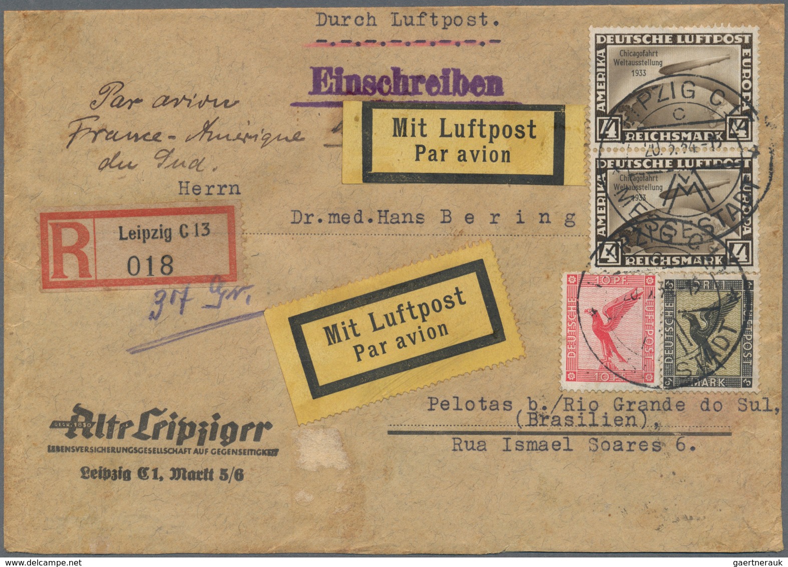12846 Flugpost Deutschland: 1933, 4 RM Zeppelin-Chicagofahrt Im Senkr. Paar Mischfrankatur Auf R-Luftpost- - Luft- Und Zeppelinpost