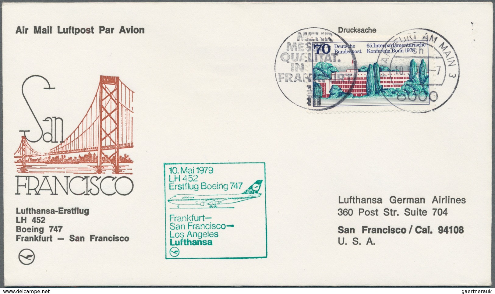 12848 Flugpost Deutschland: 10.5.1979, Frankfurt - San Francisco. Sehr Seltener Beleg, Da Der Größte Teil - Poste Aérienne & Zeppelin