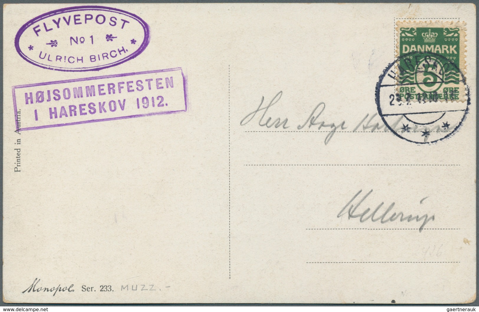 12853 Flugpost Europa: 1912, SCHAUFLUG HARESKOV, Postkarte Mit Zwei Violetten Stempeln "FLYVEPOST No. 1 *U - Autres - Europe