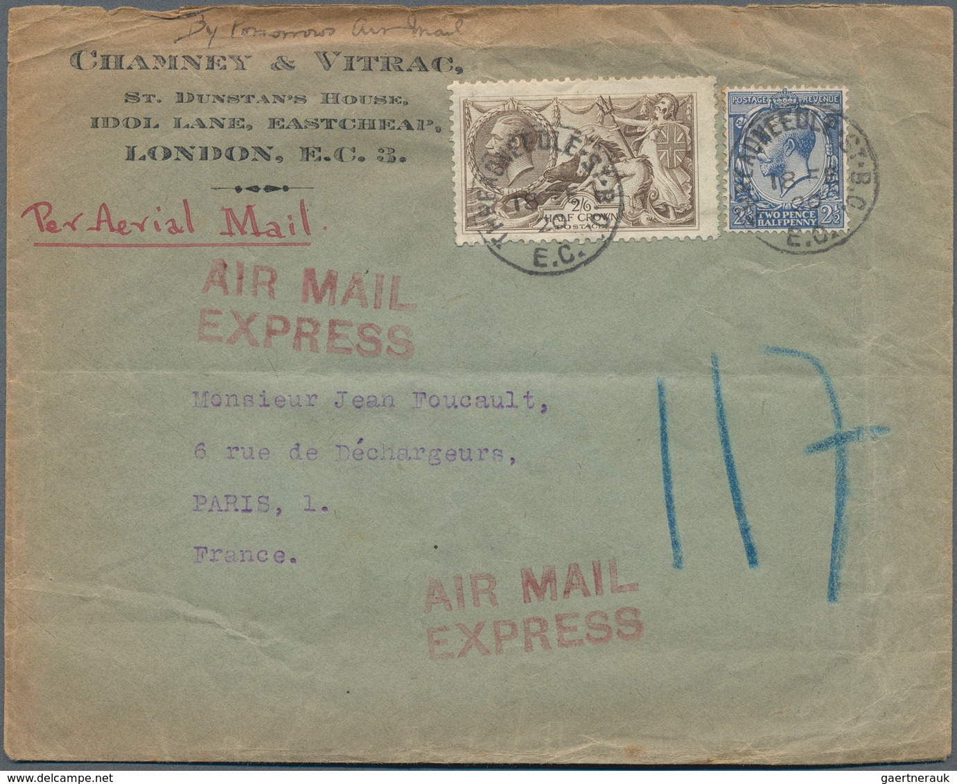 12855 Flugpost Europa: 1920, First Airmail UK-France: Great Britain, 2 1/2 D Blue KGV And 2 Sh 6 D Brown S - Autres - Europe