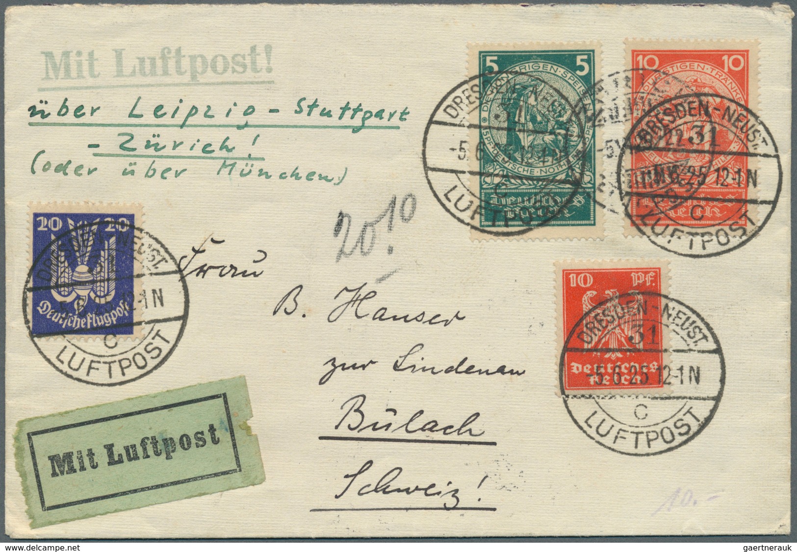 12859 Flugpost Europa: 1925, Luftpostbrief Aus Dresden über Leipzig, Stuttgart Nach Zürich. - Autres - Europe