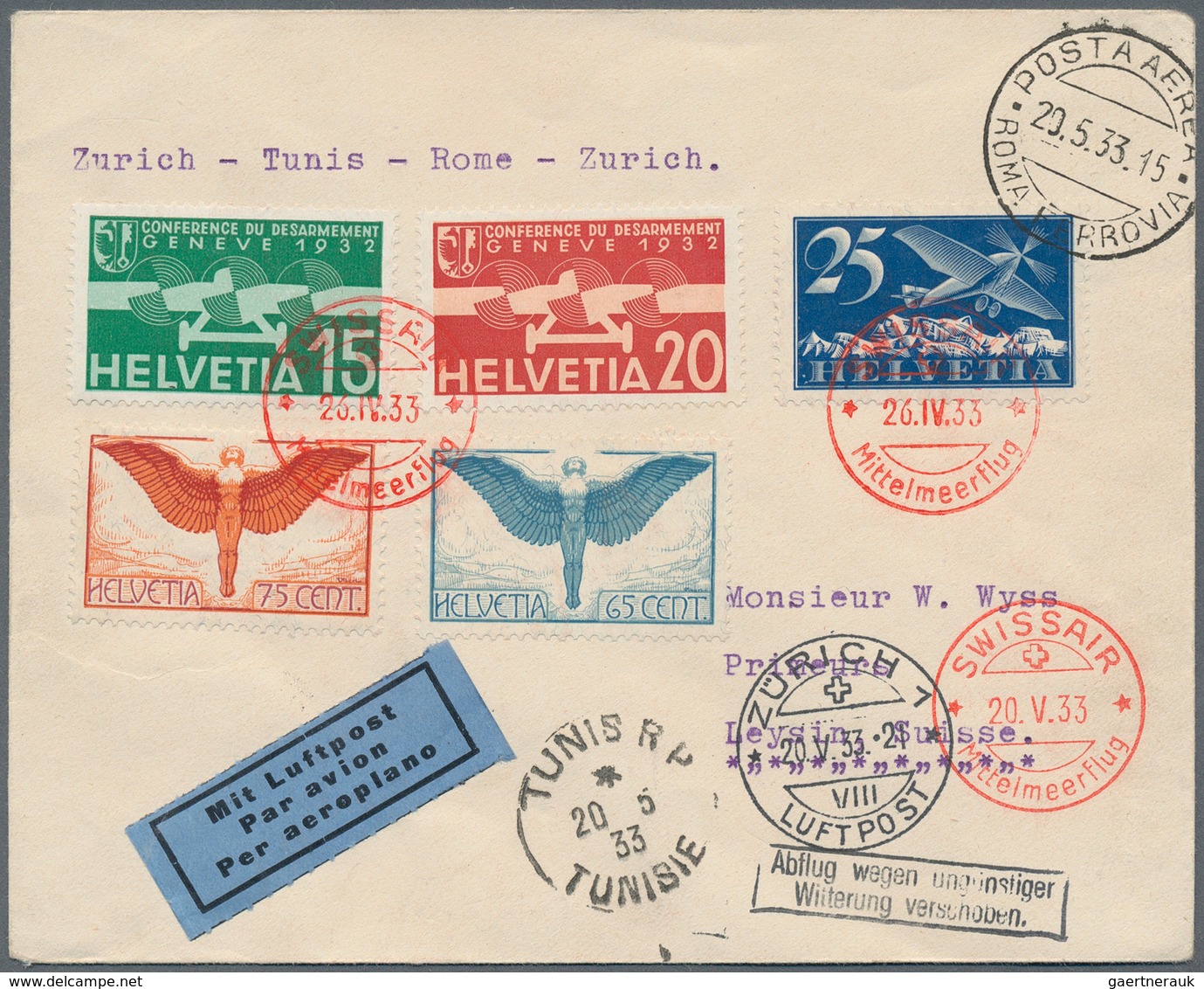 12872 Flugpost Europa: 1933, Bunt Frankierter Brief Zum ""SWISSAIR Mittelmeerflug" Von Zürich über Rom Nac - Altri - Europa