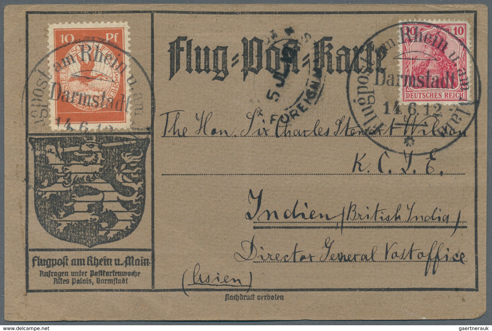 12877 Flugpost Übersee: 1912, Airmail Rhein-Main TO INDIA(!): Airmail Stamp 10 Pf And Germania 10 Pf. (rou - Sonstige & Ohne Zuordnung