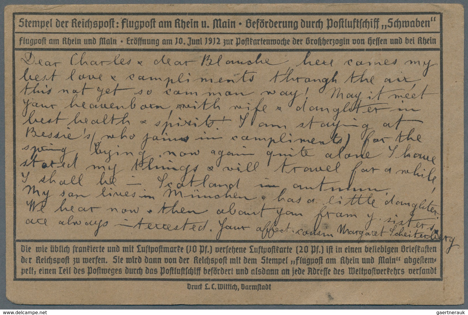 12877 Flugpost Übersee: 1912, Airmail Rhein-Main TO INDIA(!): Airmail Stamp 10 Pf And Germania 10 Pf. (rou - Sonstige & Ohne Zuordnung