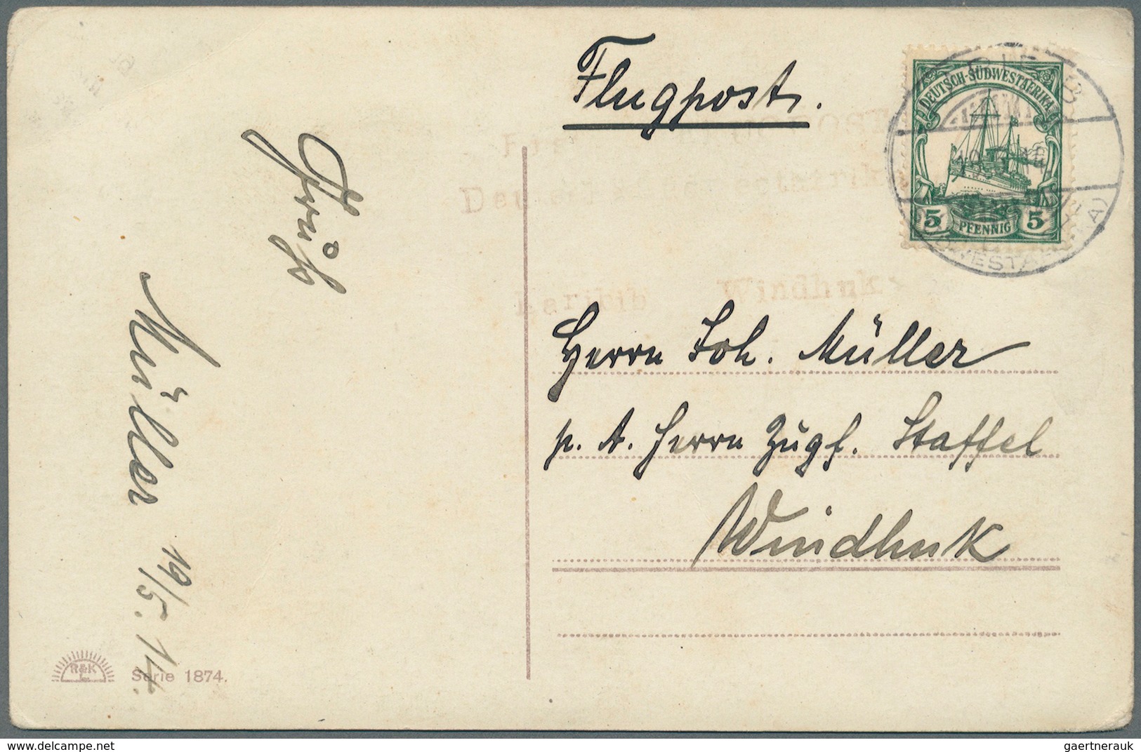 12878 Flugpost Übersee: 1914, 5 Pf. Mit Stempel KARIBIB Auf Flugpostkarte Der 3. Etappe Von Karibib Nach W - Sonstige & Ohne Zuordnung