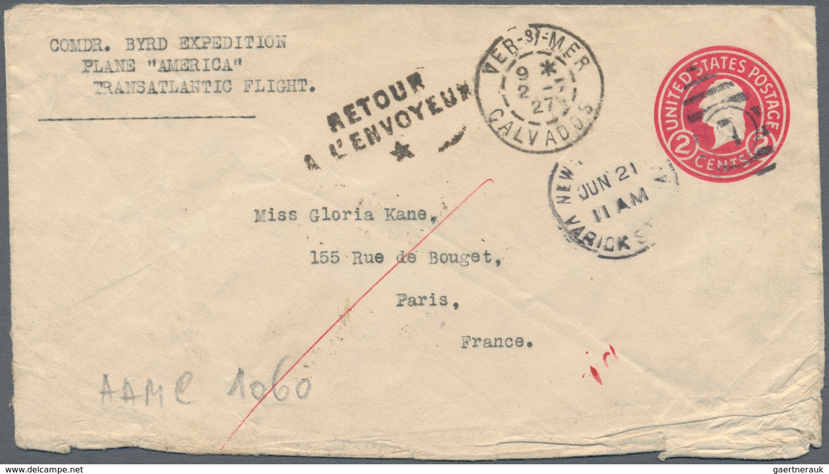 12882 Flugpost Übersee: 1927, 2 Cent Stationery Envelope From "Comdr. BYRD EXPEDITION PALNE "AMERICA" TRAN - Sonstige & Ohne Zuordnung