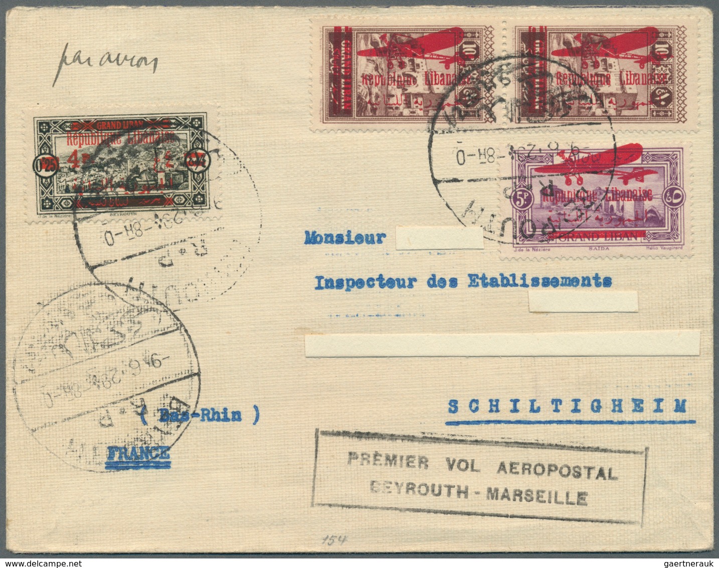 12886 Flugpost Übersee: 1929. BEYROUTH-MARSEILLE. Cover Bearing Violet Cachet. (Saul 27) - Sonstige & Ohne Zuordnung