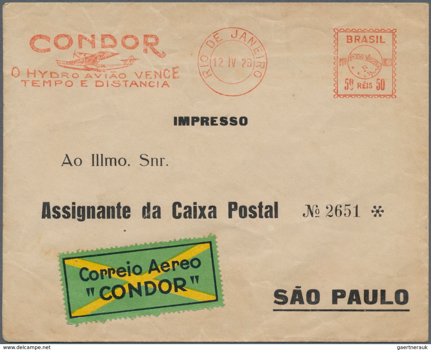 12887 Flugpost Übersee: 1929, "CONDOR" 50rs. Metermark On Cover From "RIO DE JANEIRO 12 IV 29" To Sao Paul - Sonstige & Ohne Zuordnung