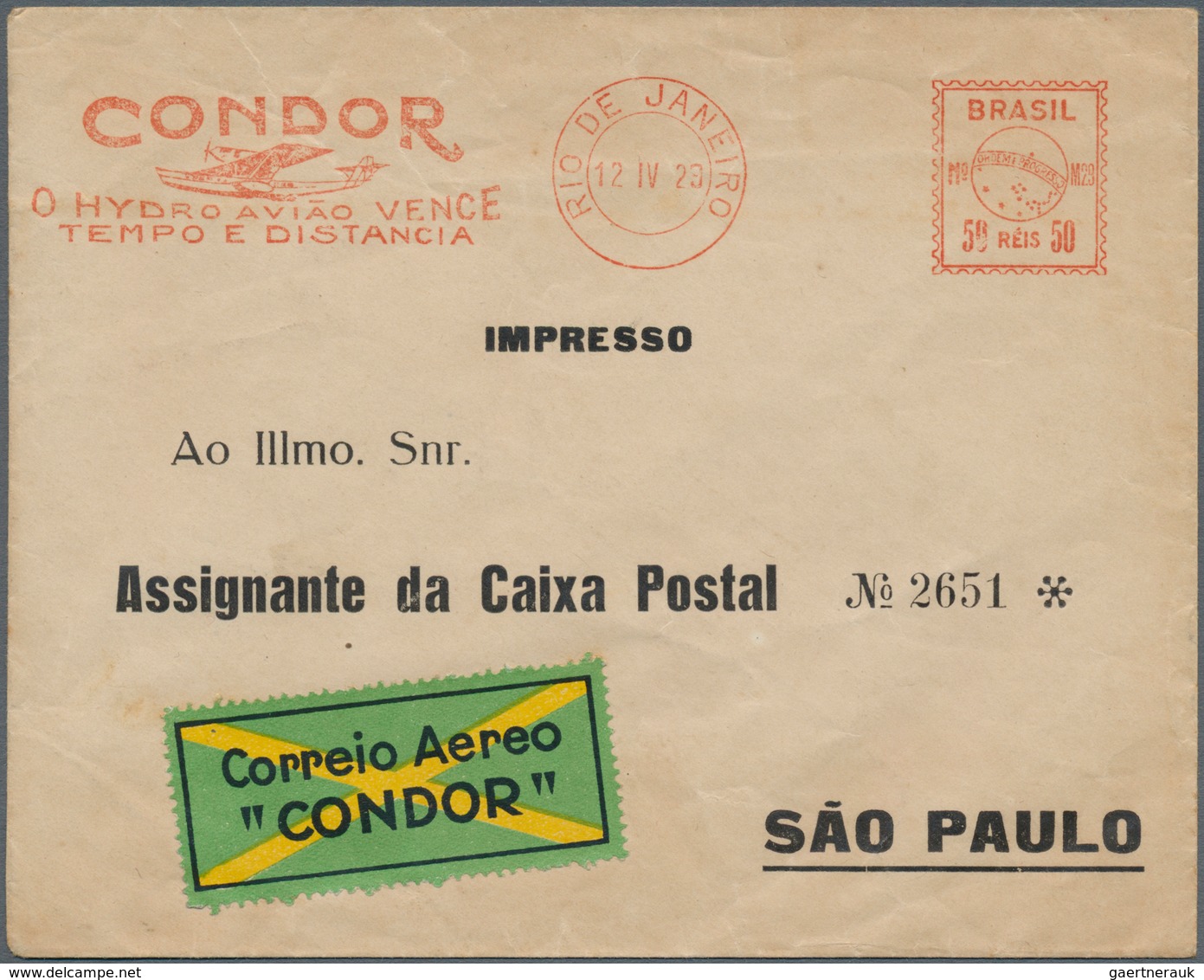 12887 Flugpost Übersee: 1929, "CONDOR" 50rs. Metermark On Cover From "RIO DE JANEIRO 12 IV 29" To Sao Paul - Autres & Non Classés