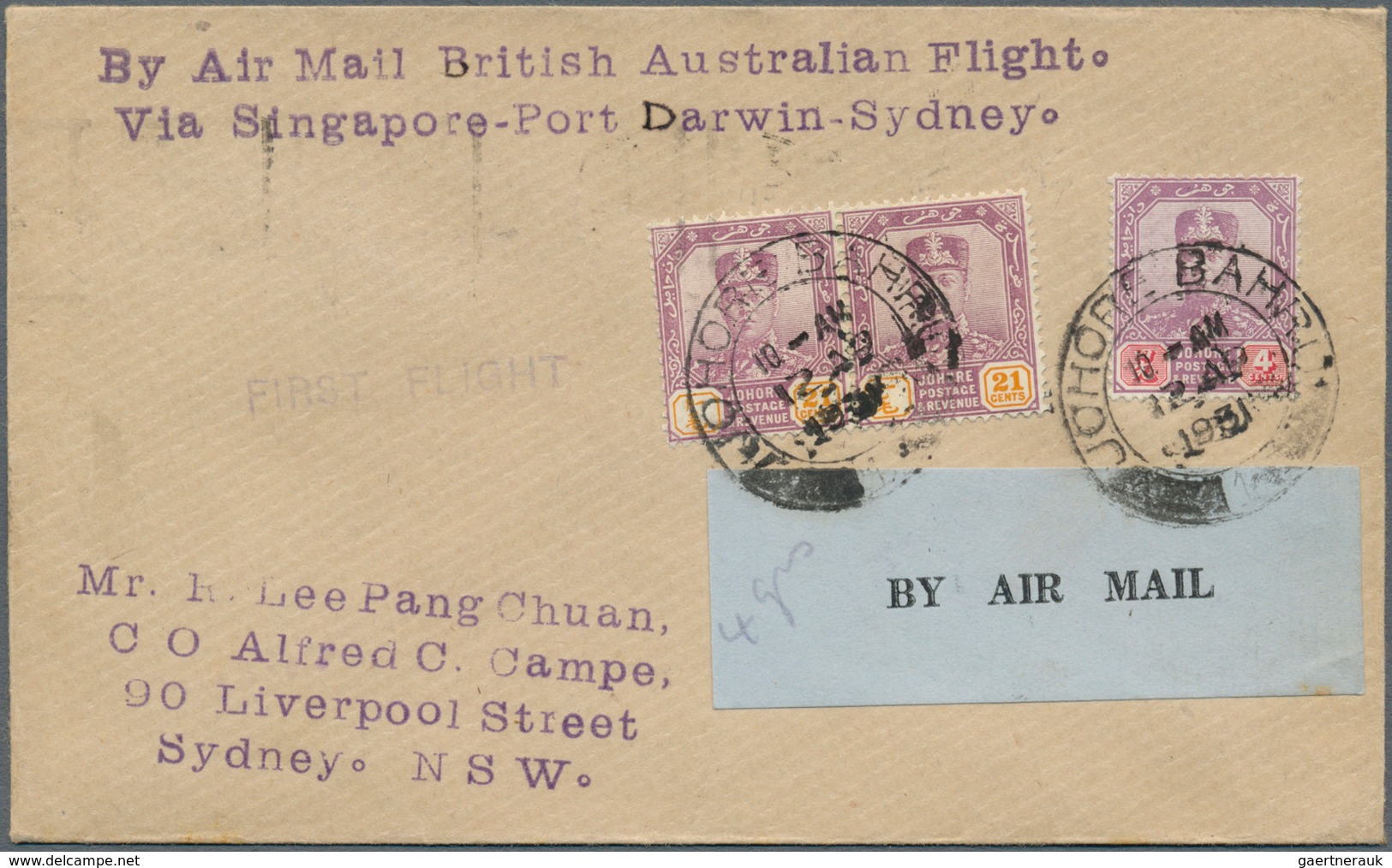 12890 Flugpost Übersee: 1931, FIRST EXPERIMENTAL IMPERIAL AIRWAYS FLIGHT LONDON-AUSTRALIA: JOHORE, 4 C Pur - Autres & Non Classés