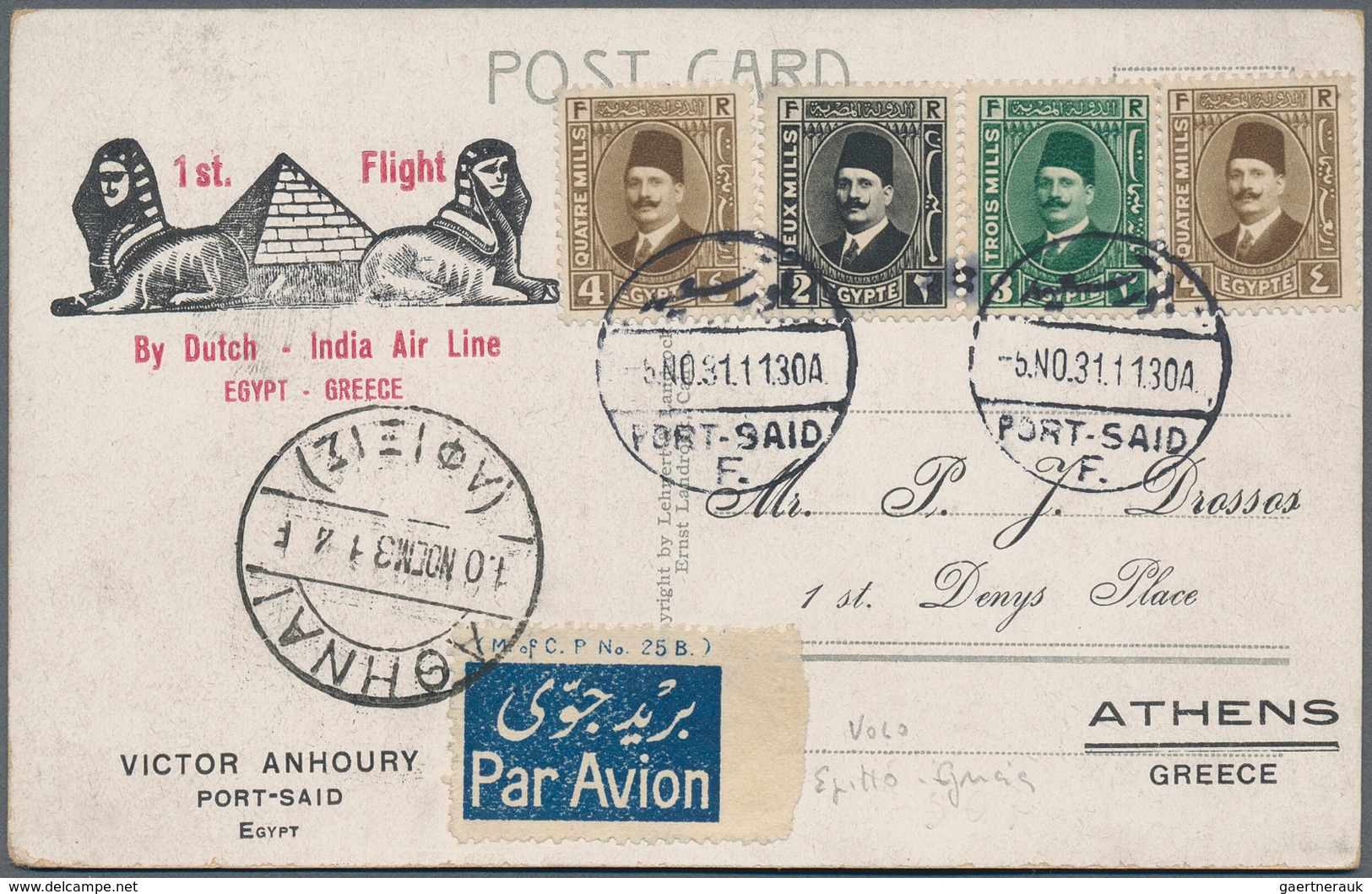12891 Flugpost Übersee: 1931, First Flight By "Dutch-India Air Line" From "PORT SAID 5. NO 31" To Athens. - Sonstige & Ohne Zuordnung