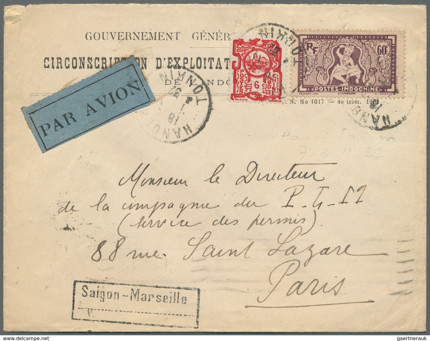 12892 Flugpost Übersee: 1932. HANOI - FRANCE. First Known Official Letter. Hanoi 7-II-32, Saigon 8-II-32, - Sonstige & Ohne Zuordnung