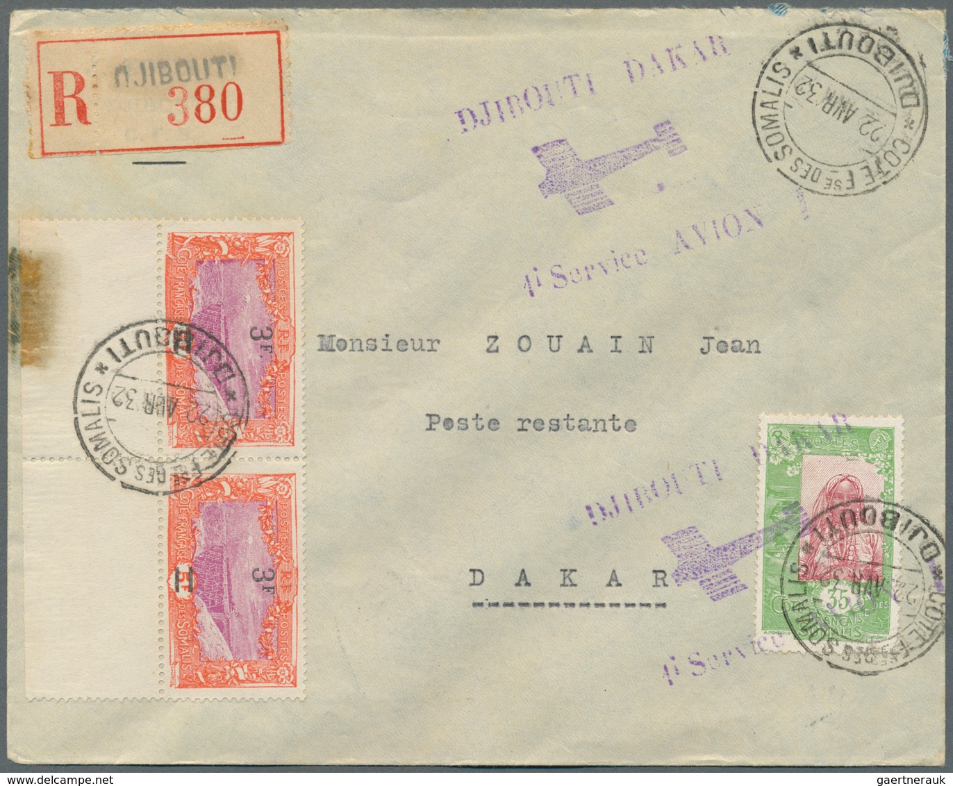 12893 Flugpost Übersee: 1932. Registered Airmail Cover From "Djibouti 22.4.32" To Dakar. Violet Cachet "Dj - Sonstige & Ohne Zuordnung