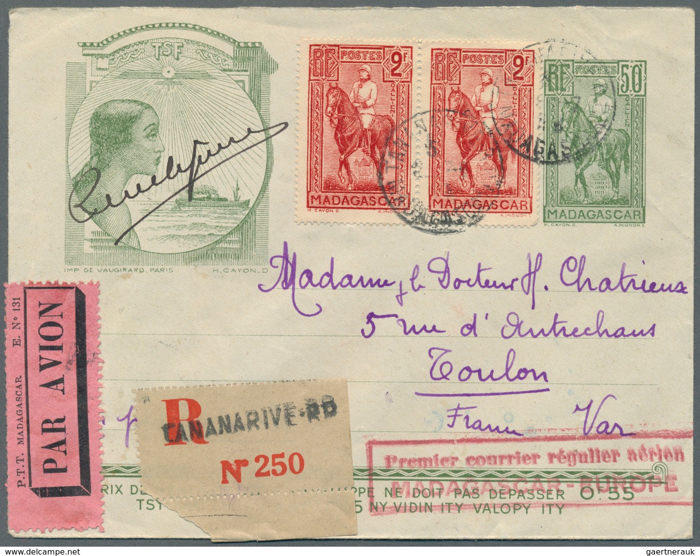 12897 Flugpost Übersee: 1934. Red, Boxed Two Line Cachet "Premier Courrier Régulier Aérien / Madagascar-Eu - Sonstige & Ohne Zuordnung