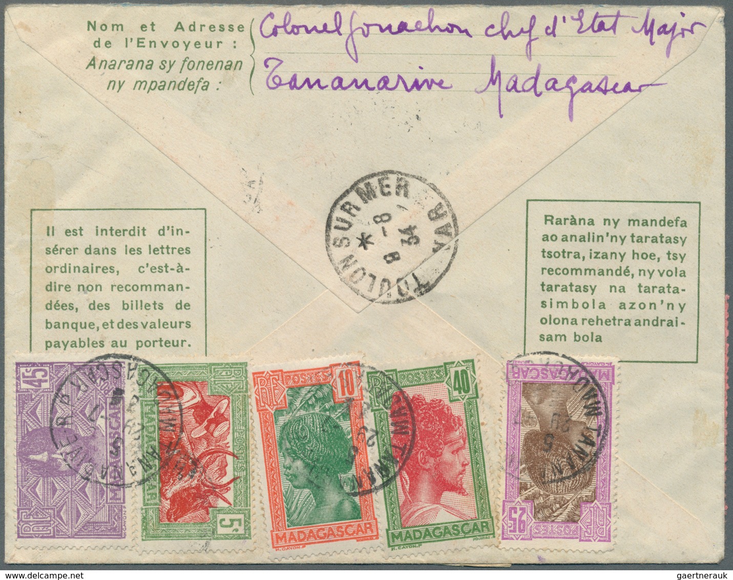 12897 Flugpost Übersee: 1934. Red, Boxed Two Line Cachet "Premier Courrier Régulier Aérien / Madagascar-Eu - Sonstige & Ohne Zuordnung