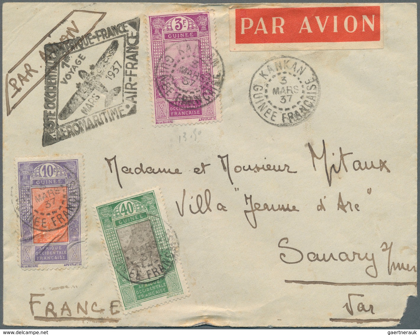 12899 Flugpost Übersee: 1937. Kankan - Conakry - Dakar - France. Cover With Special, Black Airmail Cachet. - Sonstige & Ohne Zuordnung