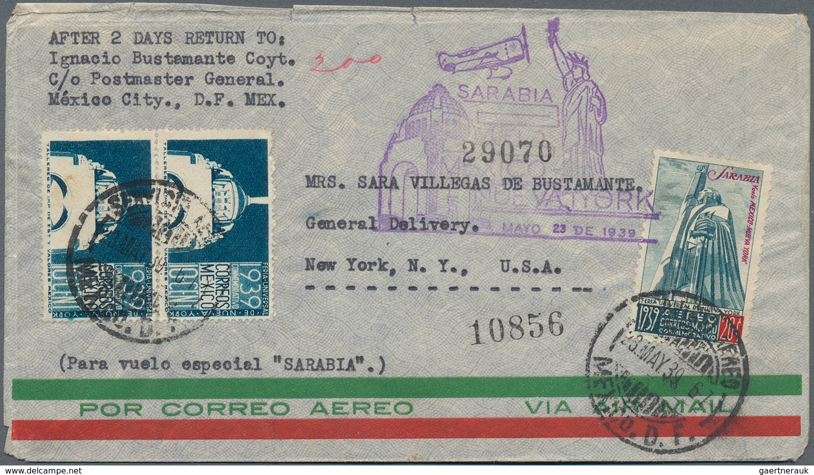 12901A Flugpost Übersee: 1939, SARABIA First Flight "MEXICO CITY - NEW YORK" Franked With Special 20 C Comm - Autres & Non Classés