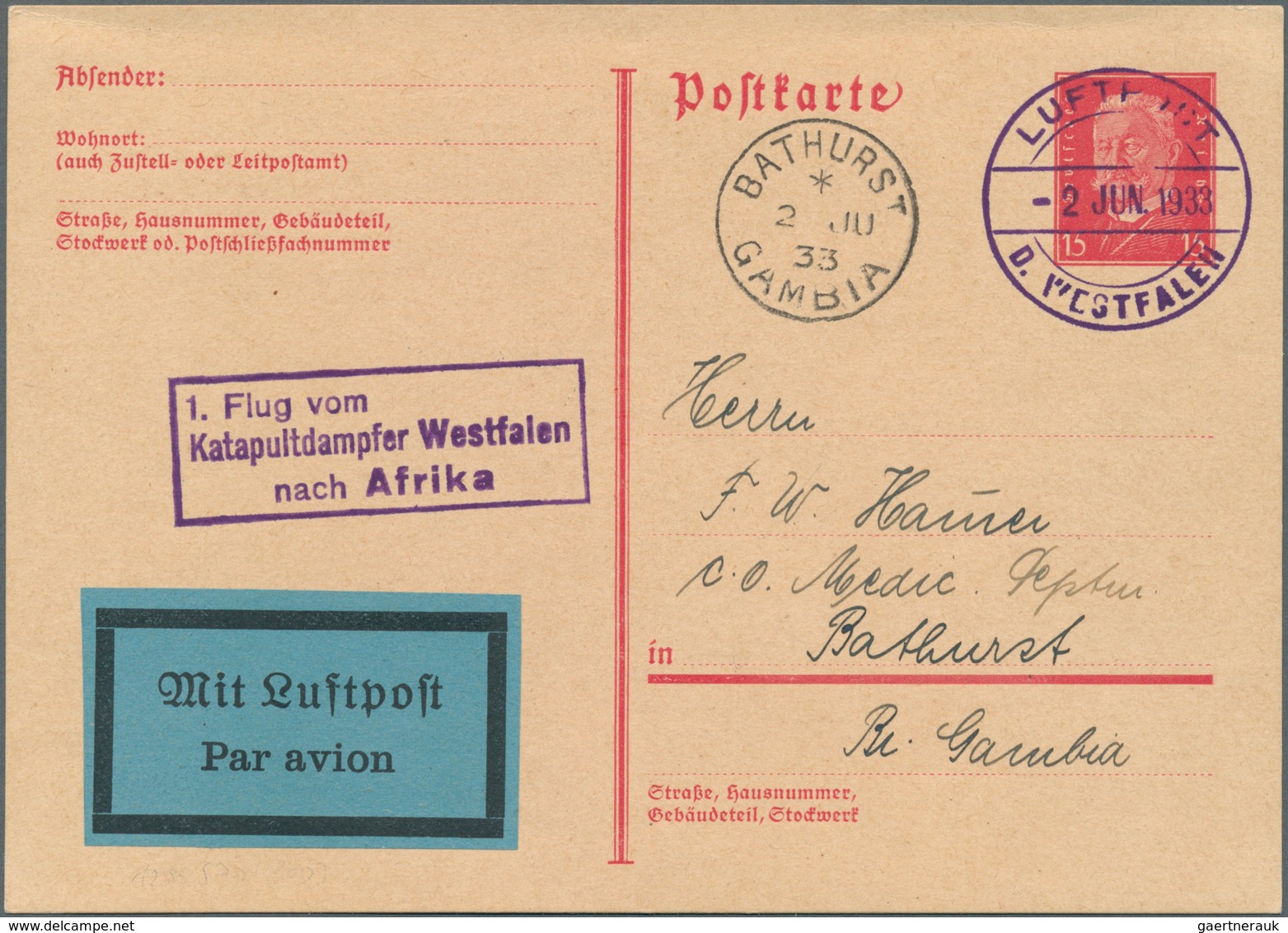 12905 Katapult- / Schleuderflugpost: 1933: Katapultdampfer Westfalen 2.6. Afrika-Erstflug. Luxus-Ganzsache - Luft- Und Zeppelinpost