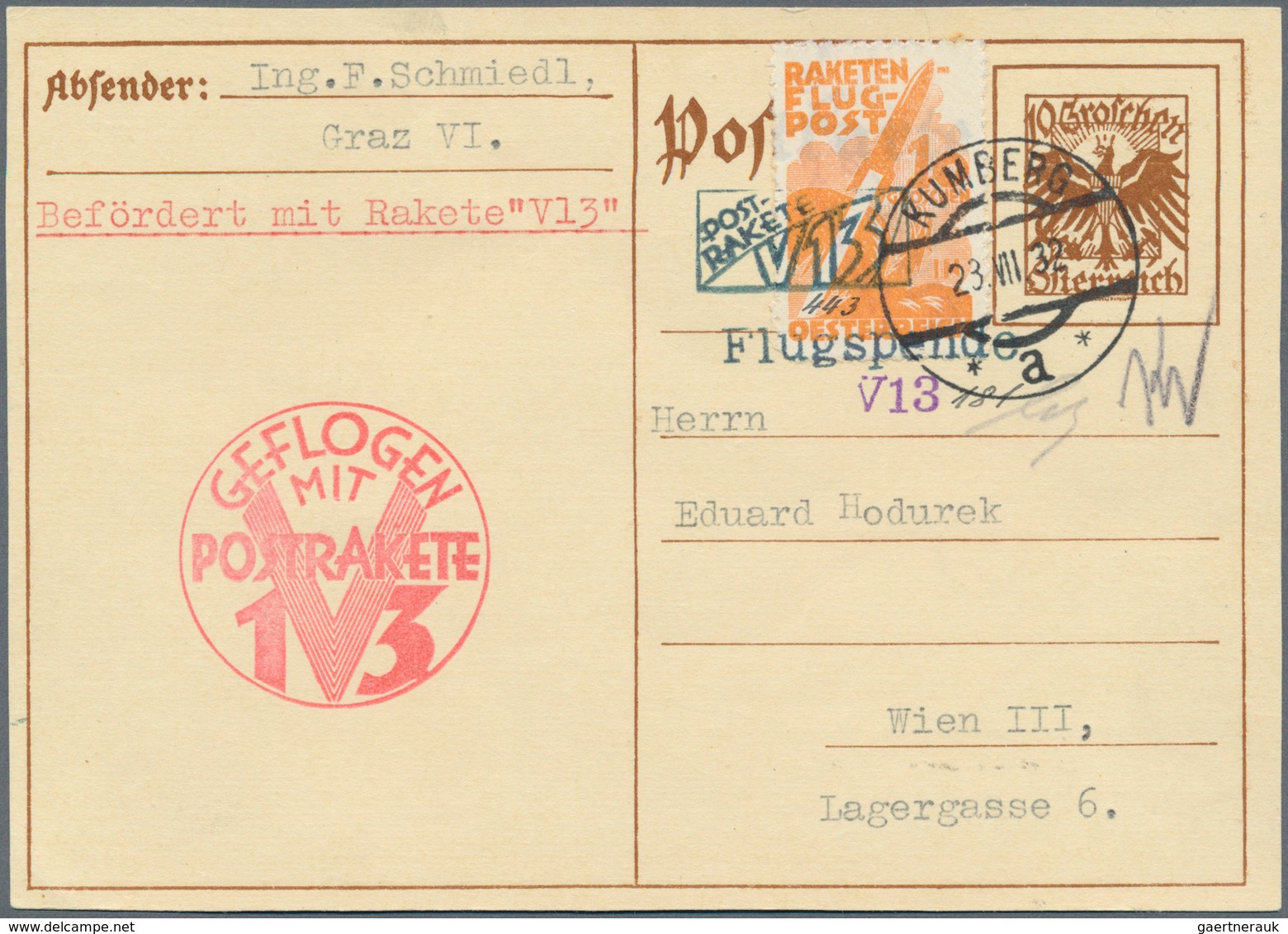 12907 Raketenpost: 1932. Orange Label "10 Groschen Raketen-Flug-Post Österreich" With Red One Circle Cache - Autres & Non Classés