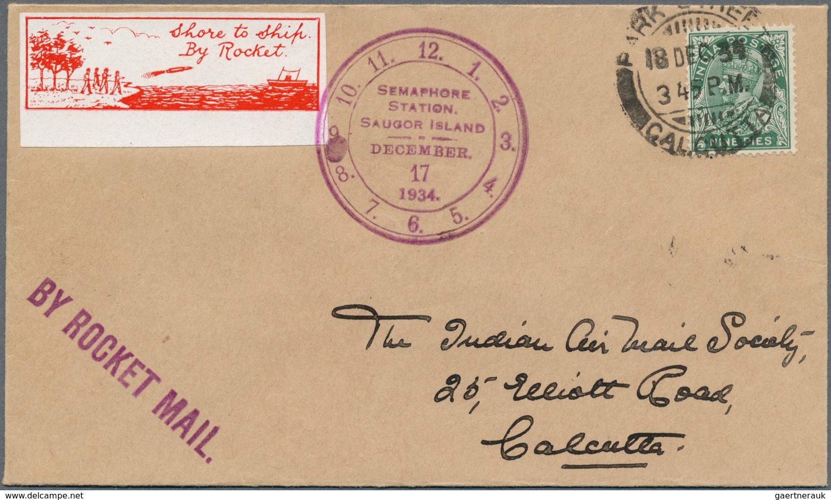 12910A Raketenpost: 1934, Saugor Island. Cover With One Line "By Rocket Mail", Red+white Vignette "Shore To - Autres & Non Classés