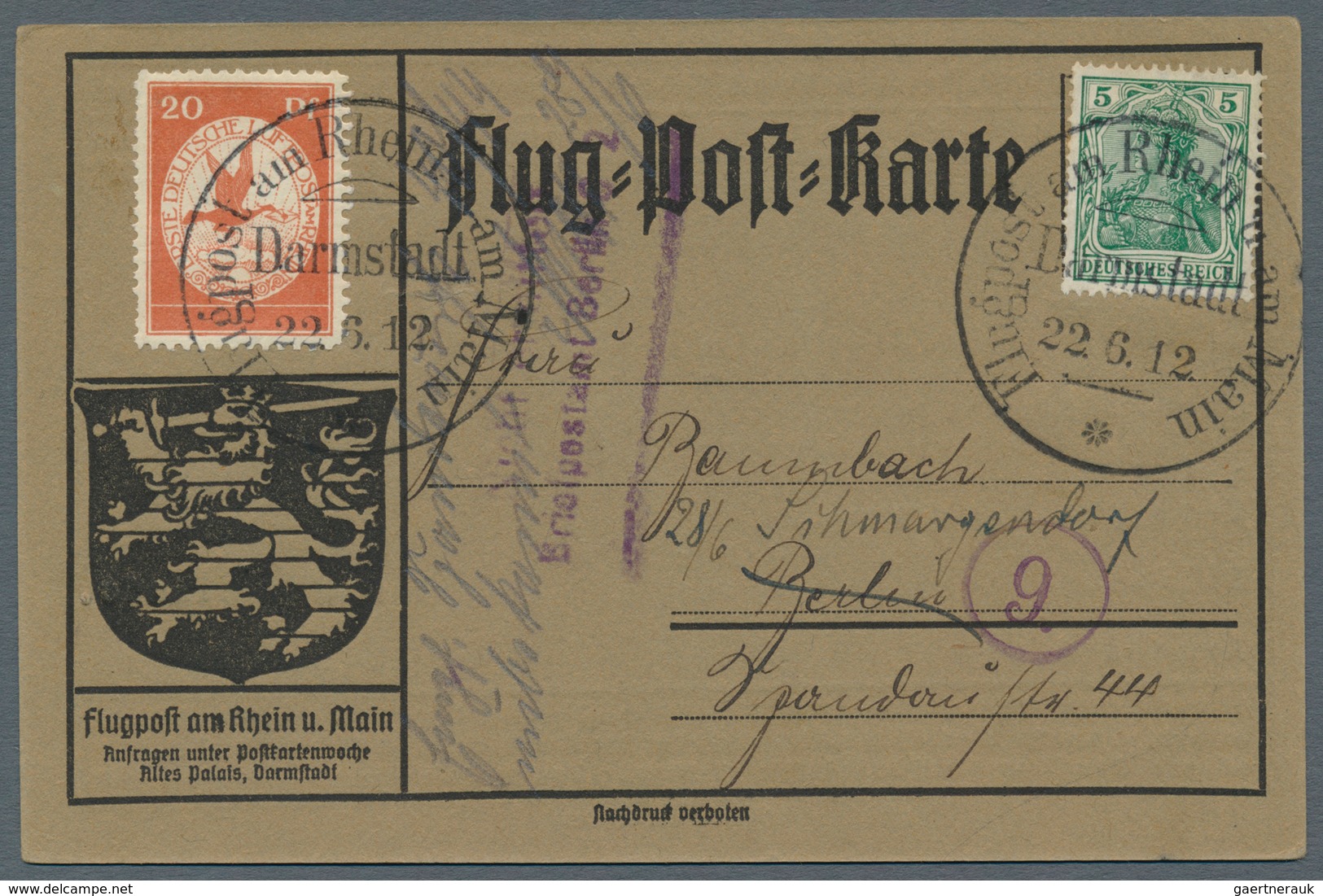 12924 Zeppelinpost Deutschland: 1912, 20 Pfg. Rhein/Main Auf Sonderkarte Mit 5 Pfg. Germania Und Flugstemp - Luft- Und Zeppelinpost