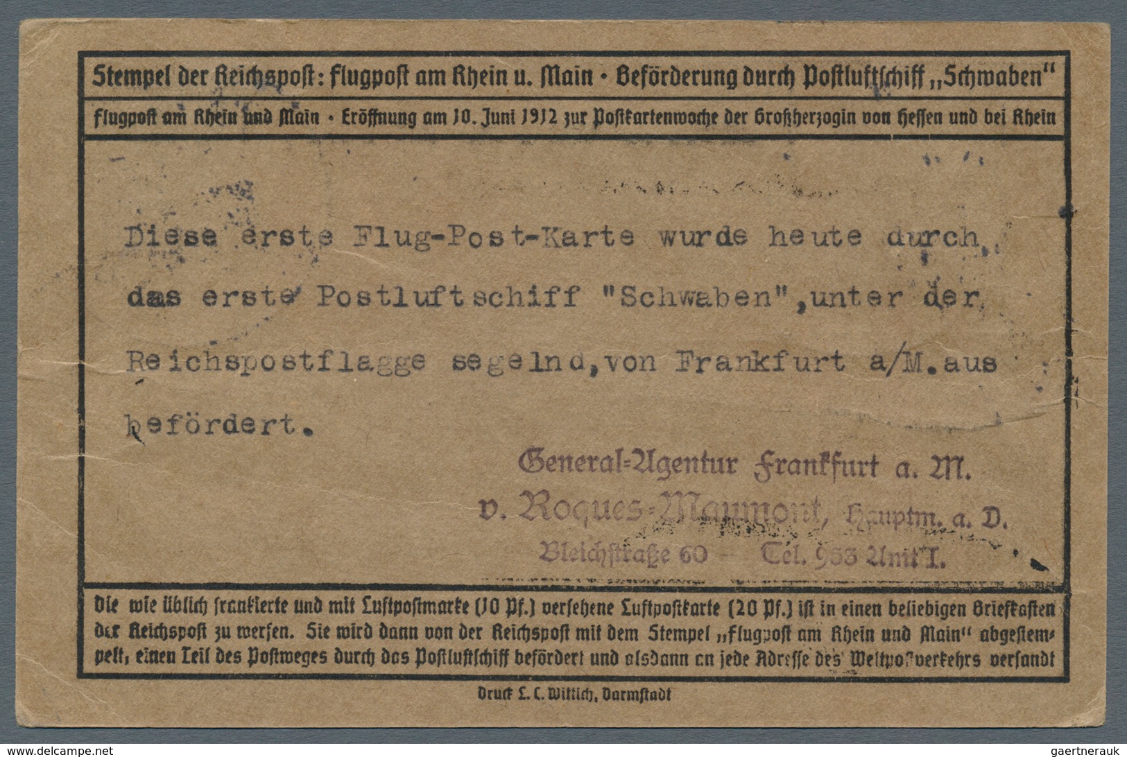 12924 Zeppelinpost Deutschland: 1912, 20 Pfg. Rhein/Main Auf Sonderkarte Mit 5 Pfg. Germania Und Flugstemp - Luft- Und Zeppelinpost