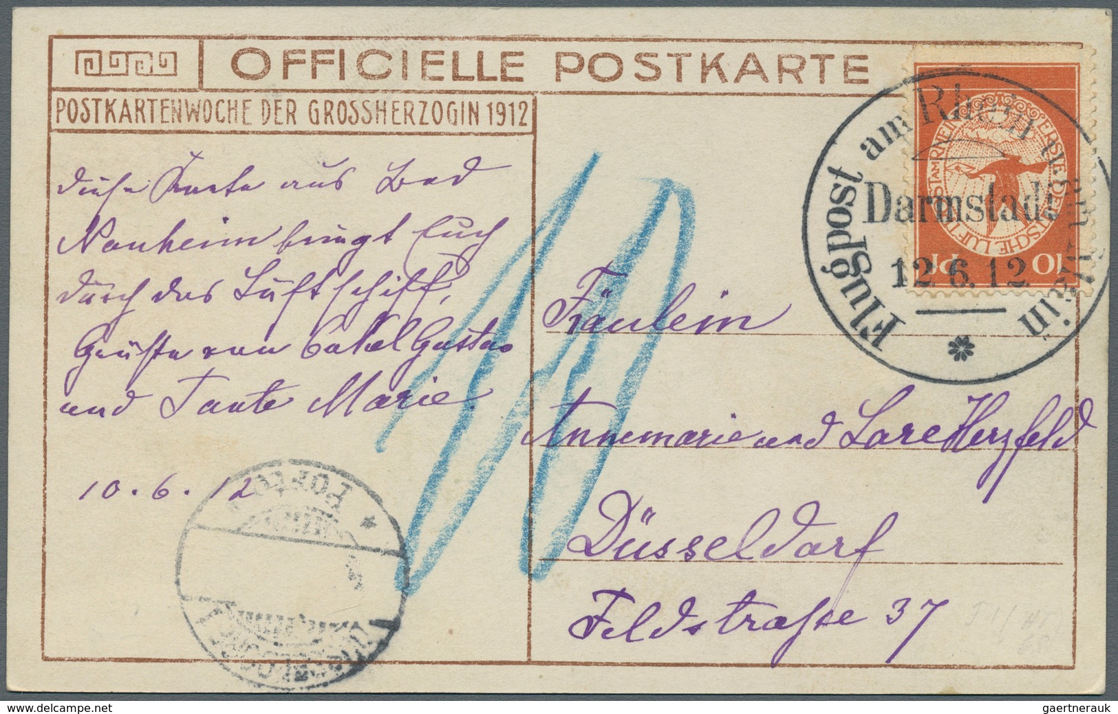 12926 Zeppelinpost Deutschland: 1912, 10 Pfg. Rhein/Main Auf Offizieller Fotokarte "Großherzogliche Famili - Poste Aérienne & Zeppelin