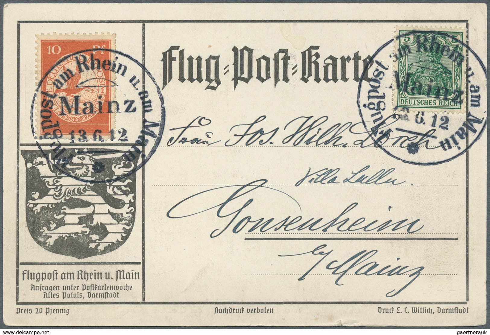 12933 Zeppelinpost Deutschland: 1912, 10 Pfg. Rhein/Main Auf Offizieller Postkarte "Galapostillone" Mit 5 - Luft- Und Zeppelinpost