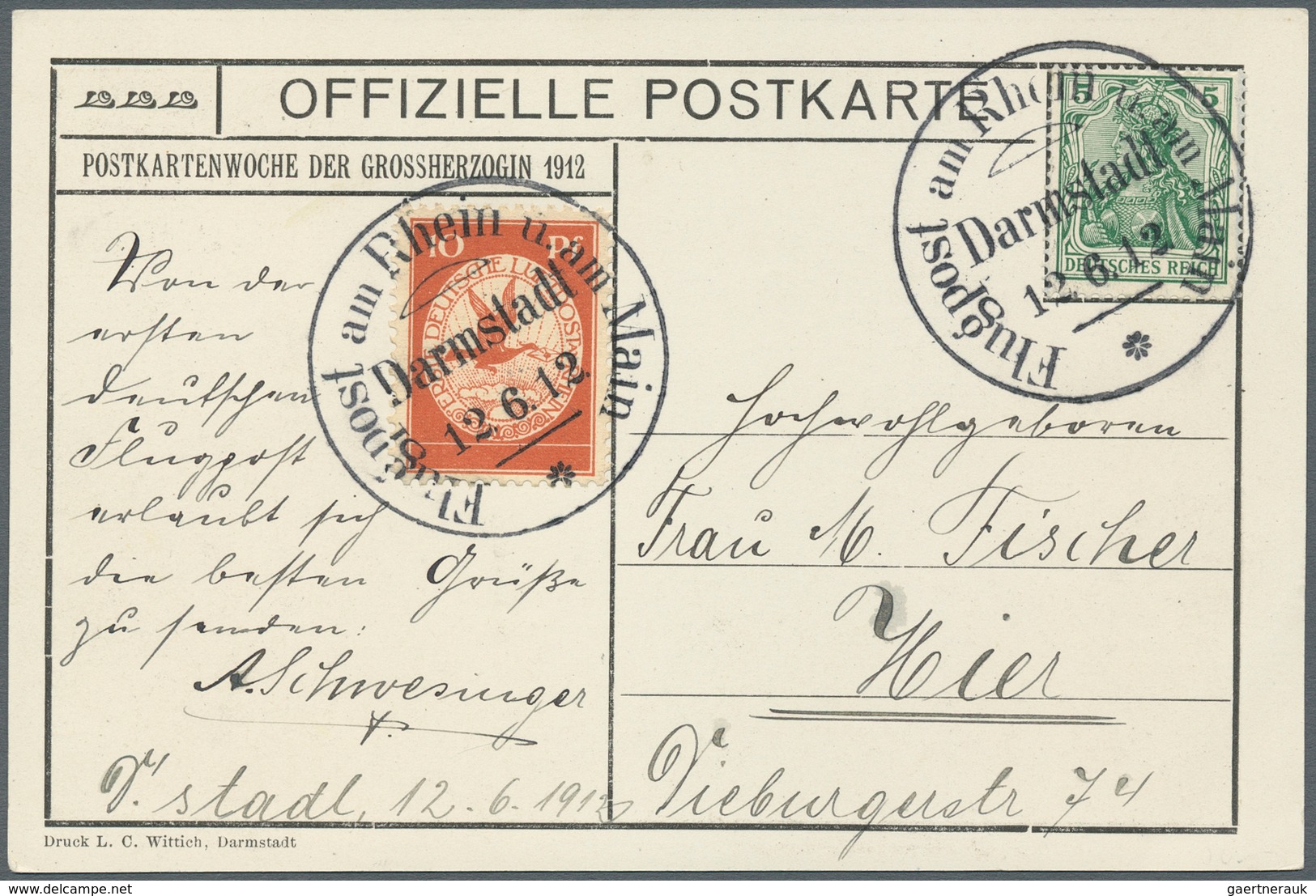 12934 Zeppelinpost Deutschland: 1912, 10 Pfg. Rhein/Main Auf Offizieller Postkarte "Frankenstein" Mit 5 Pf - Luft- Und Zeppelinpost