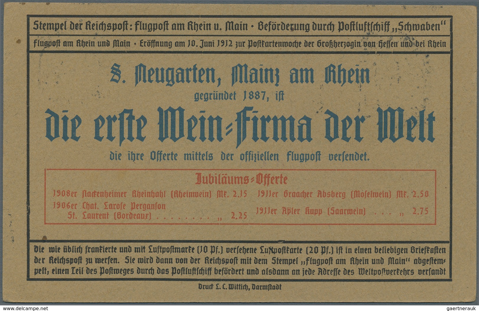 12937 Zeppelinpost Deutschland: 1912, 10 Pfg. Rhein/Main Auf Sonderkarte" Mit 5 Pfg. Germania Und Flugstem - Poste Aérienne & Zeppelin