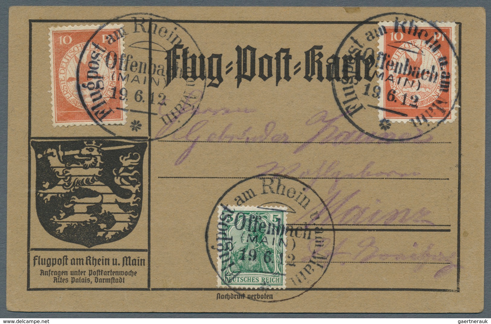 12938 Zeppelinpost Deutschland: 1912, 10 Pfg. Rhein/Main, Zwei Einzelwerte Auf Sonderkarte Mit 5 Pfg. Germ - Poste Aérienne & Zeppelin