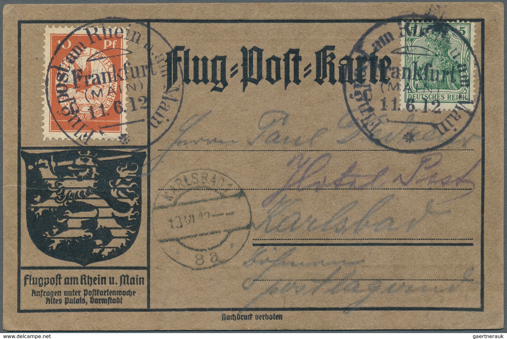 12939 Zeppelinpost Deutschland: 1912, 10 Pfg. Rhein/Main Auf Sonderkarte Mit 5 Pfg. Germania Und Flugstemp - Poste Aérienne & Zeppelin